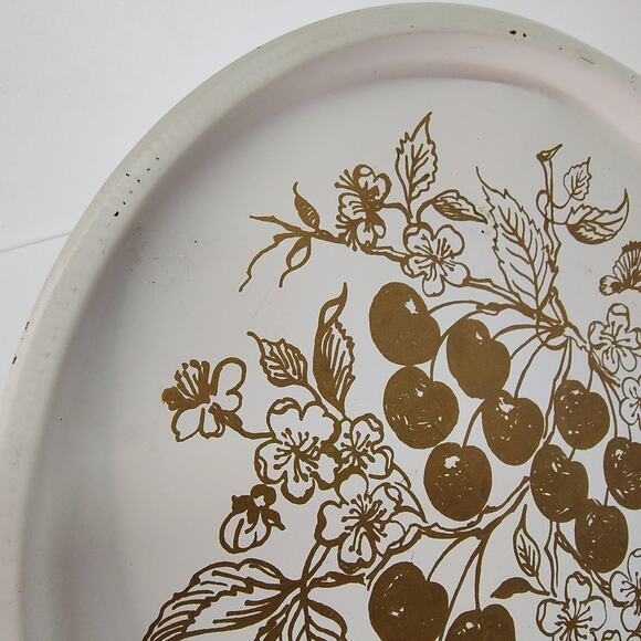 Vintage Round Tray Metal 11" White with Gold Cherries Painted - Fun Retro Decor - Picture 3 of 9